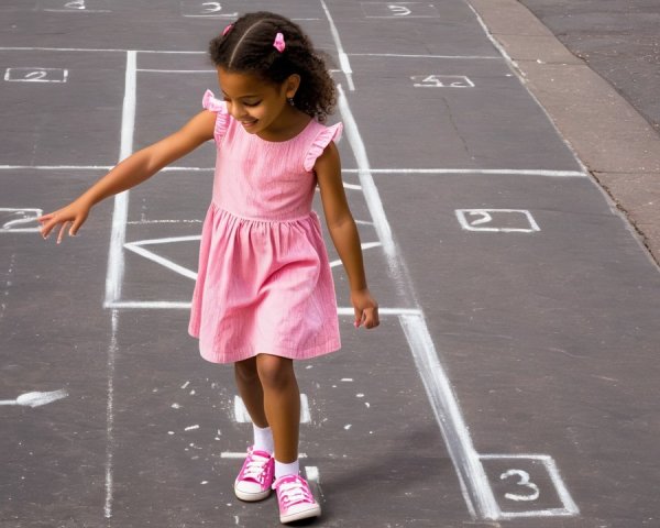 Young Girl in Pink Dress Playing Hopscotch on Asphalt