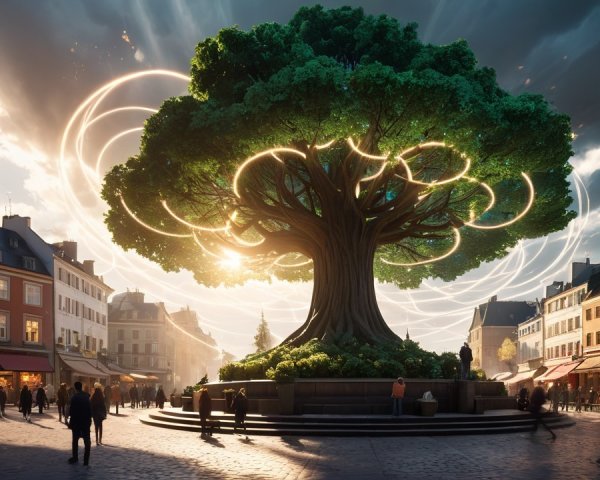 Ancient Tree with Canopy and Light Trails in Urban Square