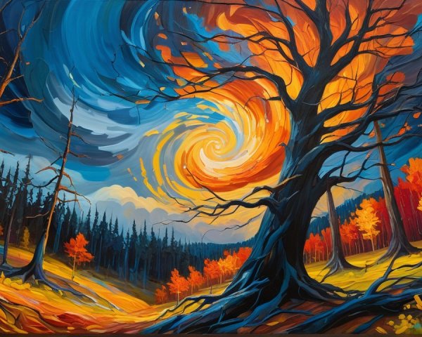 Vibrant Landscape with Twisted Trees and Colorful Sky