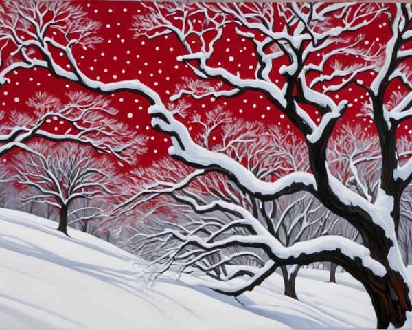 Snowy Forest Landscape with Red Sky and Snowflakes