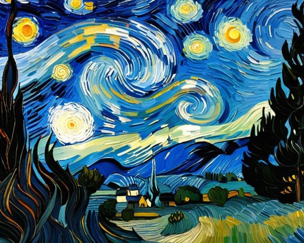 Vibrant Night Sky Over Tranquil Village Landscape