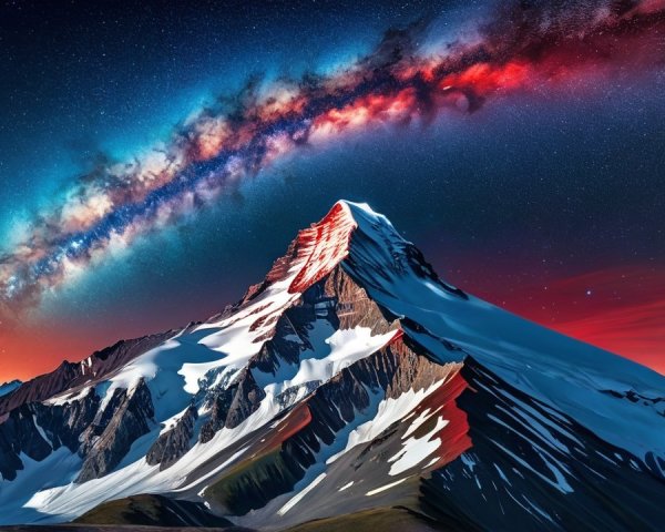 Twilight Landscape with Snow-Capped Mountain and Galaxy