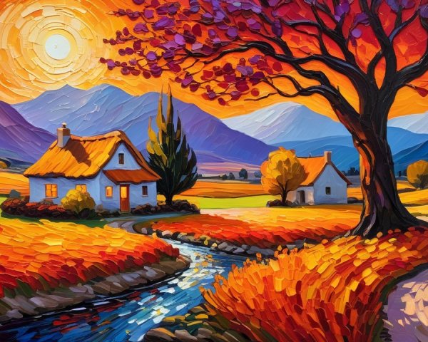 Vibrant Autumn Landscape with Cottages and Stream