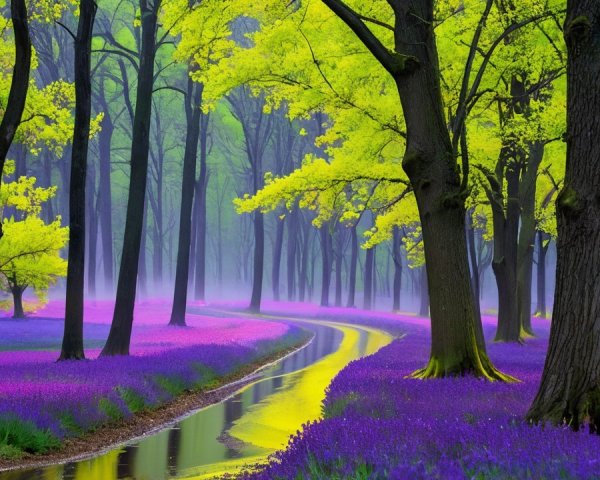 Serene forest scene with vibrant trees and flowers