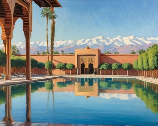 Tranquil Moroccan Pool Surrounded by Arches and Mountains
