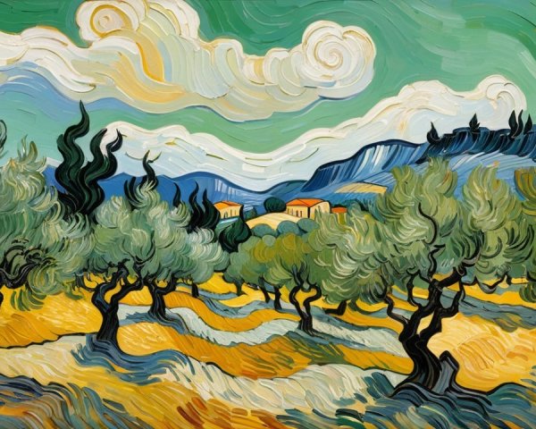 Vibrant Landscape with Olive Trees and Rolling Hills