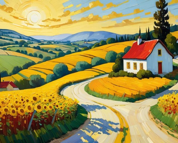 Vibrant Landscape with Rolling Hills and Sunflowers