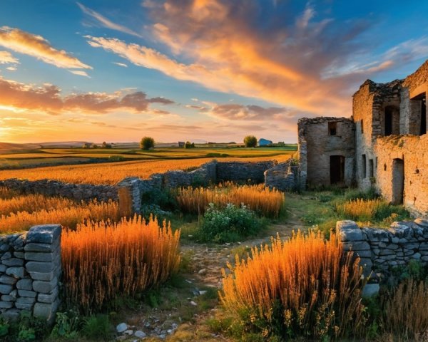 Sunset Over Ruins with Vibrant Fields and Wildflowers