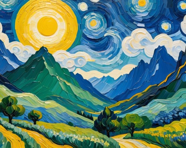 Textured Oil Painting of a Vibrant Mountain Landscape