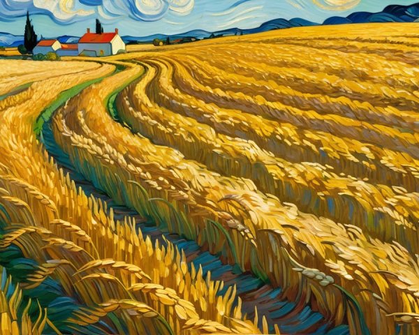Vibrant Wheat Fields with Quaint House and Dramatic Sky