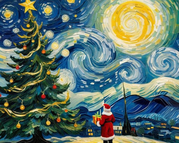 Starry Night-Inspired Christmas Scene with Santa