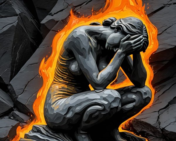 Stylized statue of a sorrowful woman in darkness