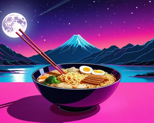 Vibrant Ramen Bowl in Surreal Landscape with Mount Fuji