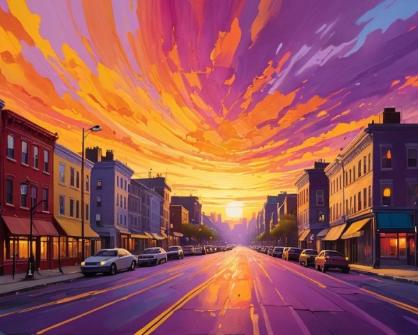Vibrant Sunset Street Scene with Colorful Buildings