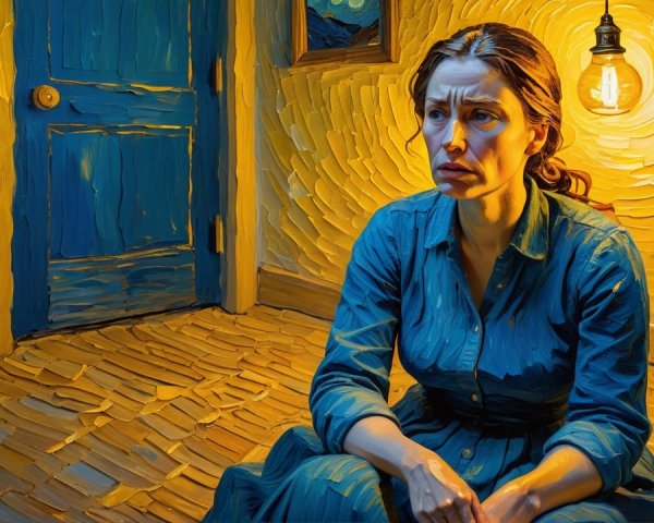 Woman in blue dress in dimly lit room with swirls