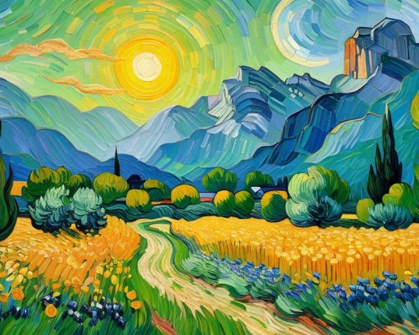 Vibrant Landscape with Winding Path and Rolling Hills