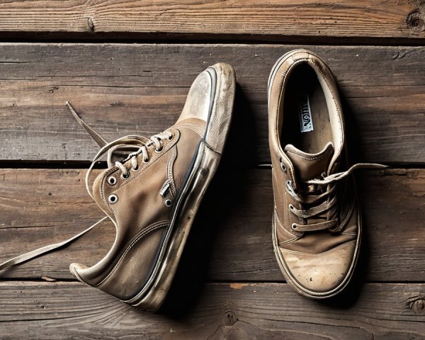 Worn Brown Sneakers on Rustic Wooden Floor