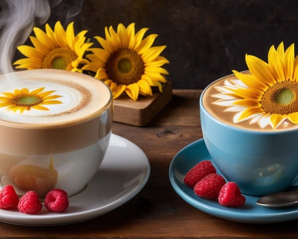 Charming Coffee Cups with Sunflower Designs and Raspberries