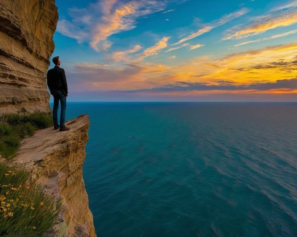 Silhouette on Cliff Overlooking Vibrant Ocean Sunset