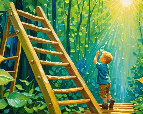 Young boy at ladder in sunlit forest setting