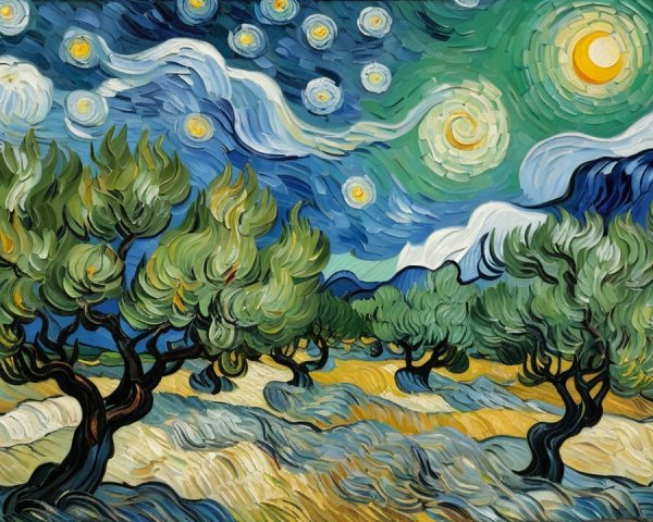 Vibrant Night Sky with Stars and Olive Trees Landscape