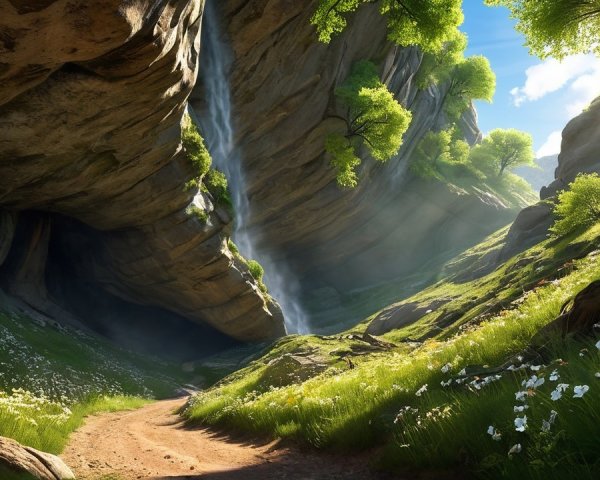 Lush Green Valley with Waterfall and Wildflowers