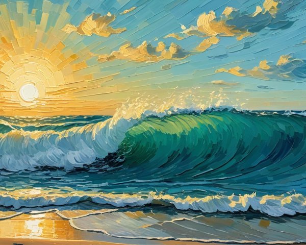 Vibrant Seascape with Dynamic Waves and Sunrise Glow