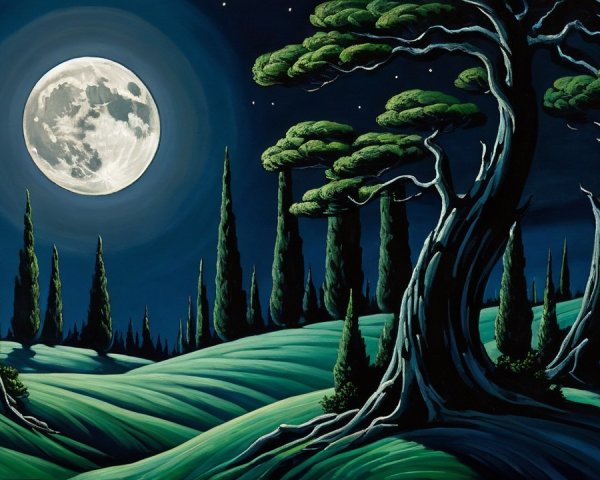 Luminous Full Moon Over Rolling Green Hills and Trees