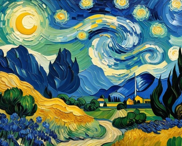 Oil Painting of Night Landscape with Church and Mountains