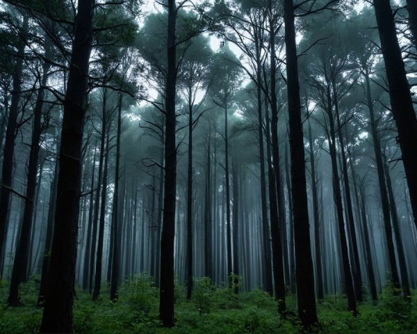 Dense Misty Forest with Tall Trees and Lush Undergrowth