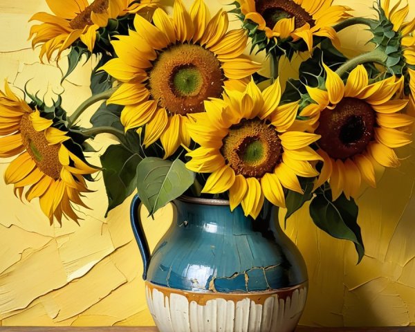 Sunflowers in a Rustic Blue Vase Against Yellow Wall