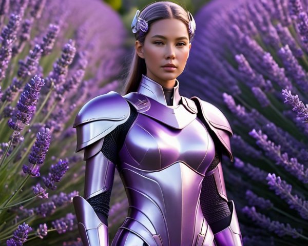 Futuristic figure in reflective armor among lavender fields