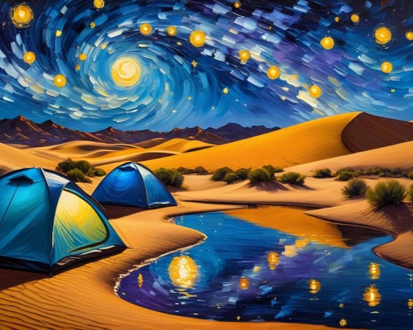 Serene Desert Night with Blue Tents and Oasis Reflection