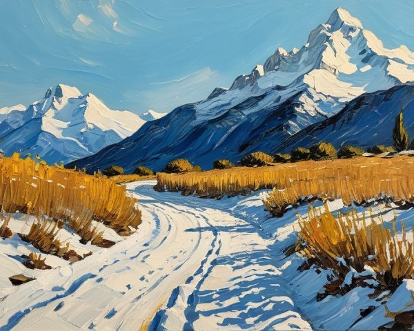 Winding Pathway in Snow-Covered Landscape with Mountains