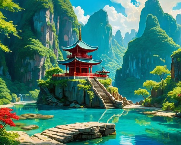 Serene Landscape with Red Pagoda and Tranquil Lake