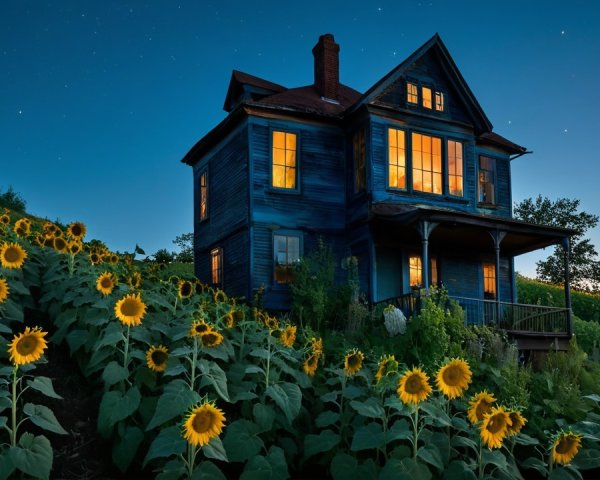 Charming Blue House Surrounded by Sunflowers at Dusk