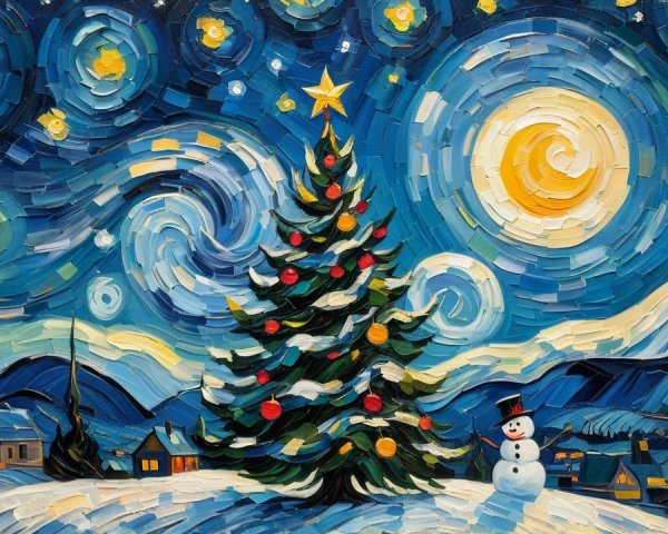 Christmas Scene Under Starry Sky in Van Gogh Style