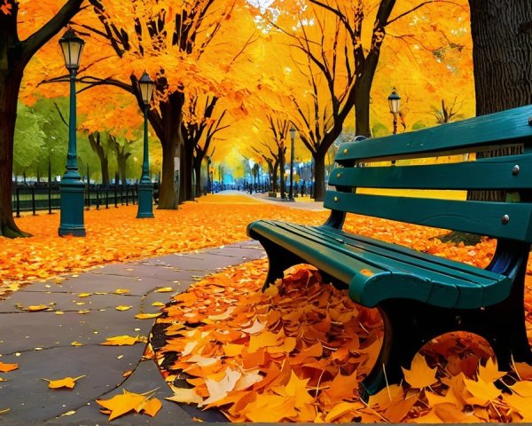 Autumn Park Scene with Bench and Colorful Foliage