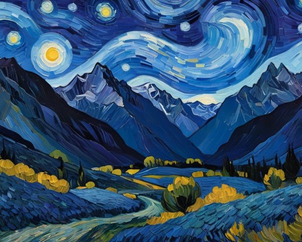 Vibrant Night Sky with Mountains and Rolling Hills