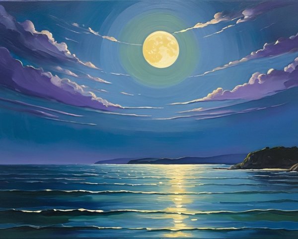Serene Night Scene with Full Moon Over Ocean Waves