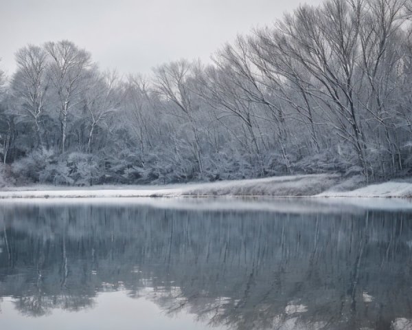 Serene Winter Landscape with Frosted Trees and Water