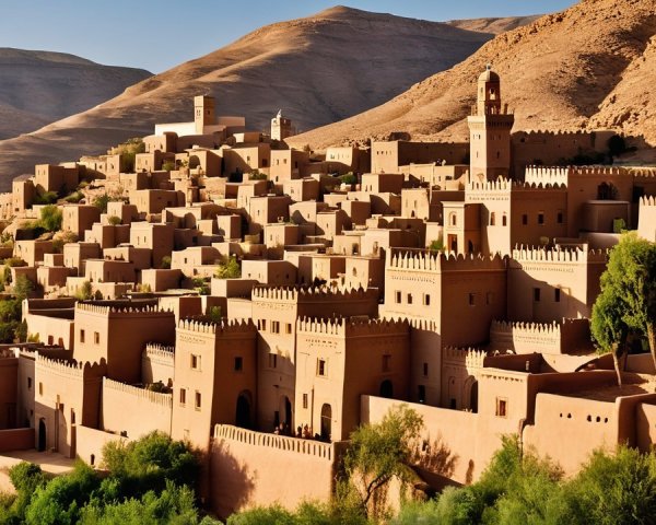 Ancient Fortified Village in Desert Landscape