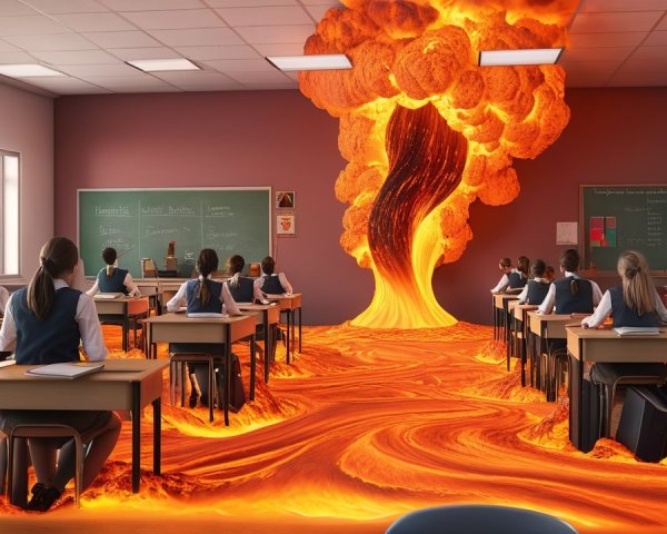 Surreal Classroom Scene with Erupting Lava and Flames