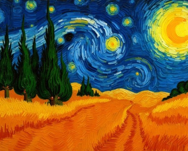 Vibrant Night Sky with Moon and Cypress Trees