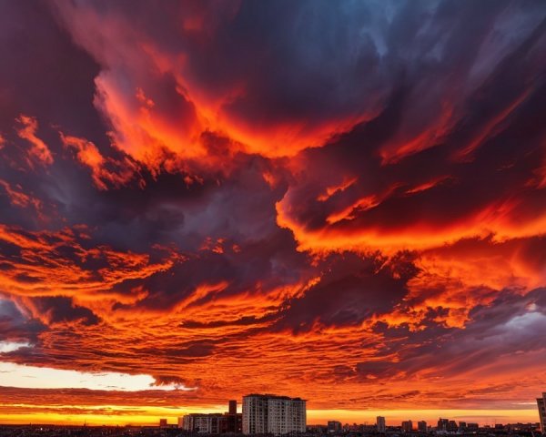Vibrant Sunset with Dramatic Clouds and City Silhouettes