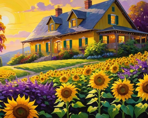 Charming Yellow House on Hill Surrounded by Flowers