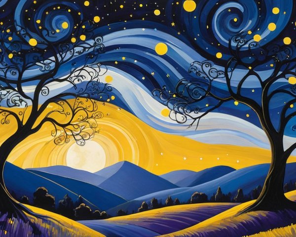 Vibrant Landscape with Stylized Trees and Sky Elements