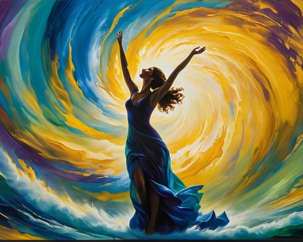 Silhouetted Woman in Blue Gown Against Vibrant Swirl