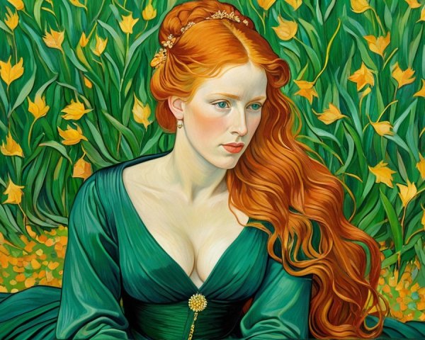 Woman in Green Dress Surrounded by Yellow Flowers