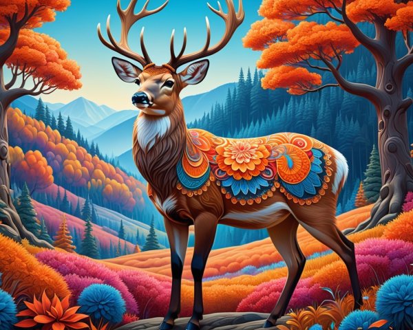 Majestic deer in vibrant autumn landscape with mountains